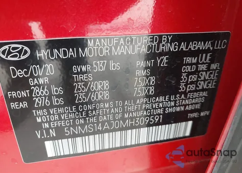 2021 Hyundai Santa Fe Se из США, поврежденный, VIN 5NMS14AJ0MH309591